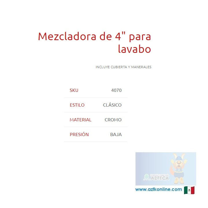 MEZCLADORA 4" PARA LAVABO CROMADA DICA 4070