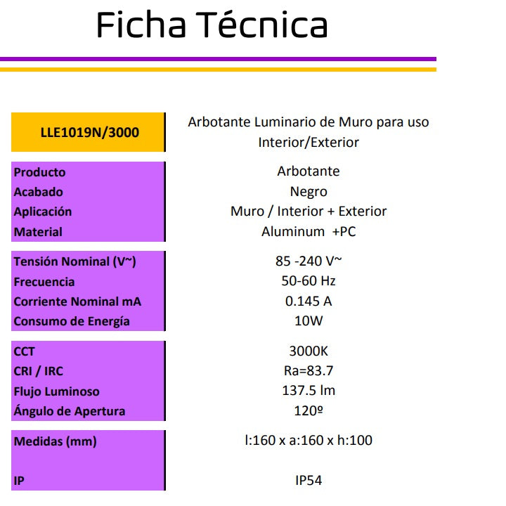 LUMINARIO ARBOTANTE DE MURO PARA INTERIOR Y EXTERIOR LITELUX 10W LLE1019N/3000