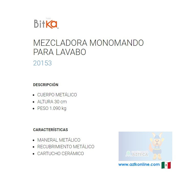 MEZCLADORA MONOMANDO NEGRO MATE PARA LAVABO BITKA 20153