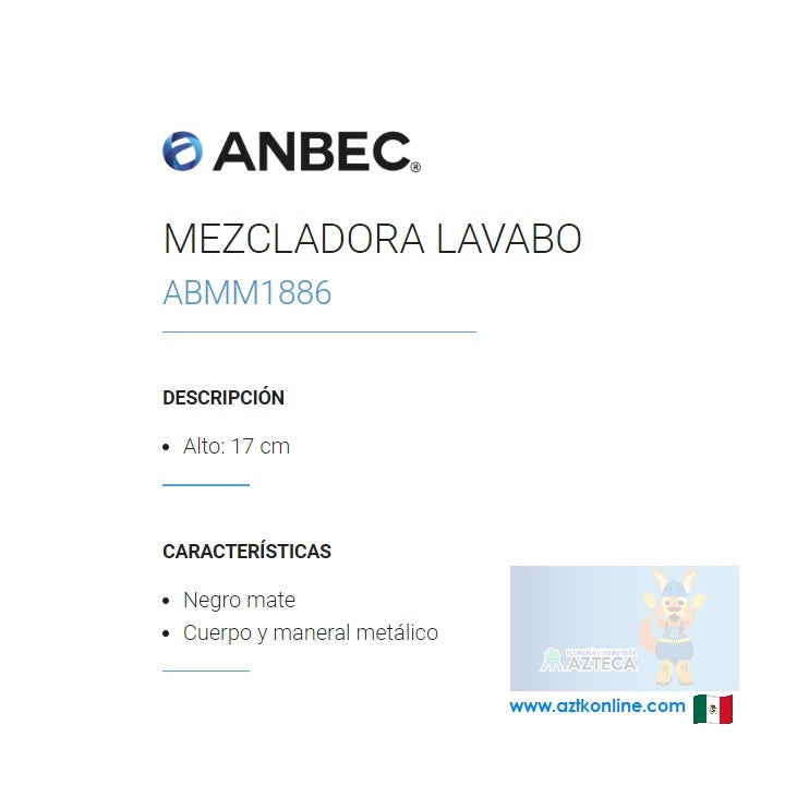 MEZCLADORA MONOMANDO NEGRO MATE PARA LAVABO ANBEC ABMM1886