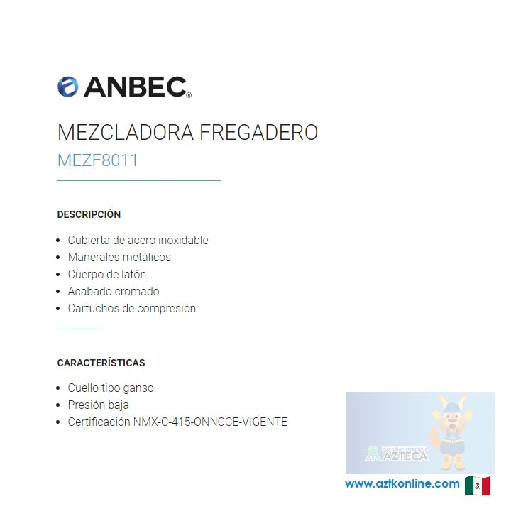 MEZCLADORA PARA FREGADERO CROMADA CUBIERTA Y MANERALES METALICOS ANBEC MEZF8011