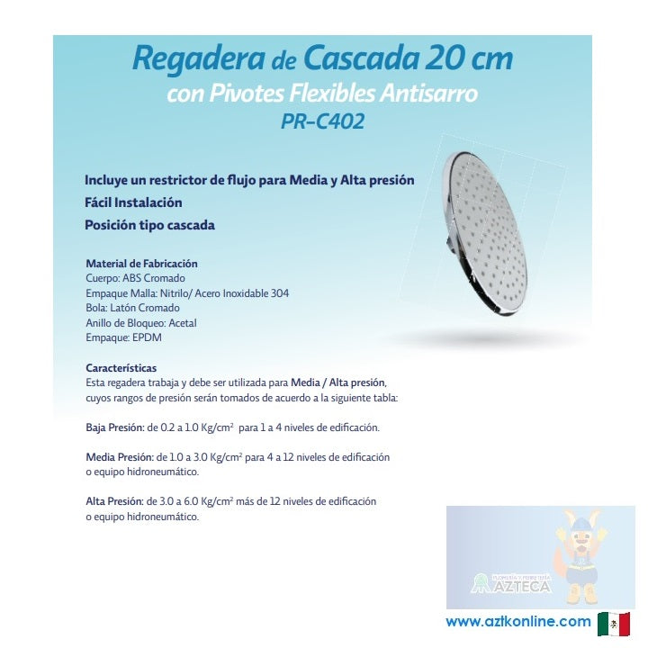 REGADERA CASCADA 20CM PR-C402 BRAZO 45-BRF