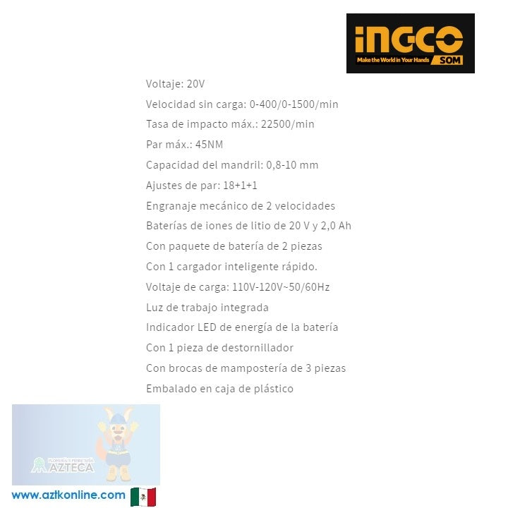 TALADRO DE IMPACTO DE ION LITIO INGCO UCIDLI20012