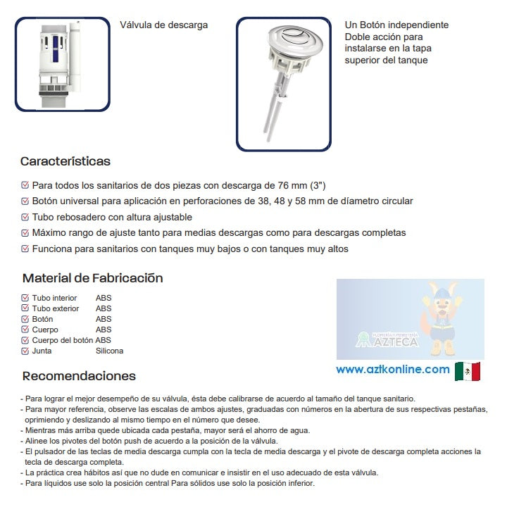 VALVULA DE DESCARGA DUAL PARA SANITARIOS DE DOS PIEZAS CON DESCARGA DE 3" (76MM) COFLEX P-B6032
