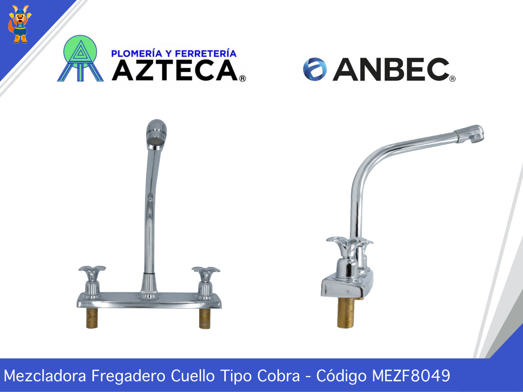 MEZCLADORA 8" PARA FREGADERO CROMADA CUBIERTA Y MANERALES ANBEC MEZF8049