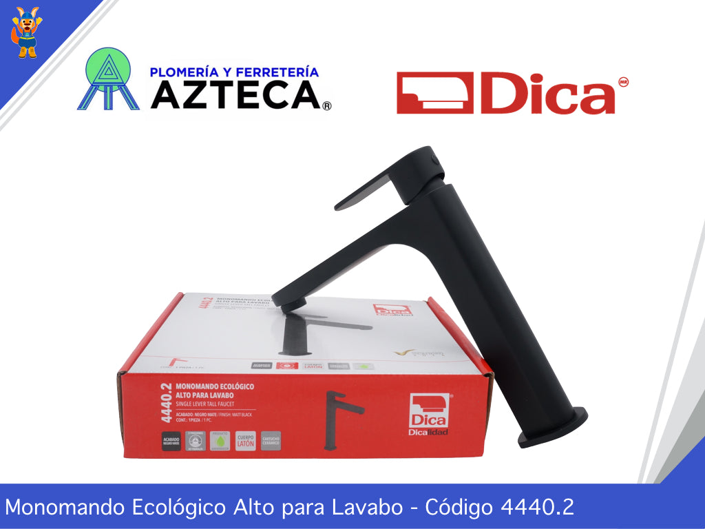 MEZCLADORA MONOMANDO ECOLOGICO ALTO NEGRO MATE PARA LAVABO DICA 4440.2