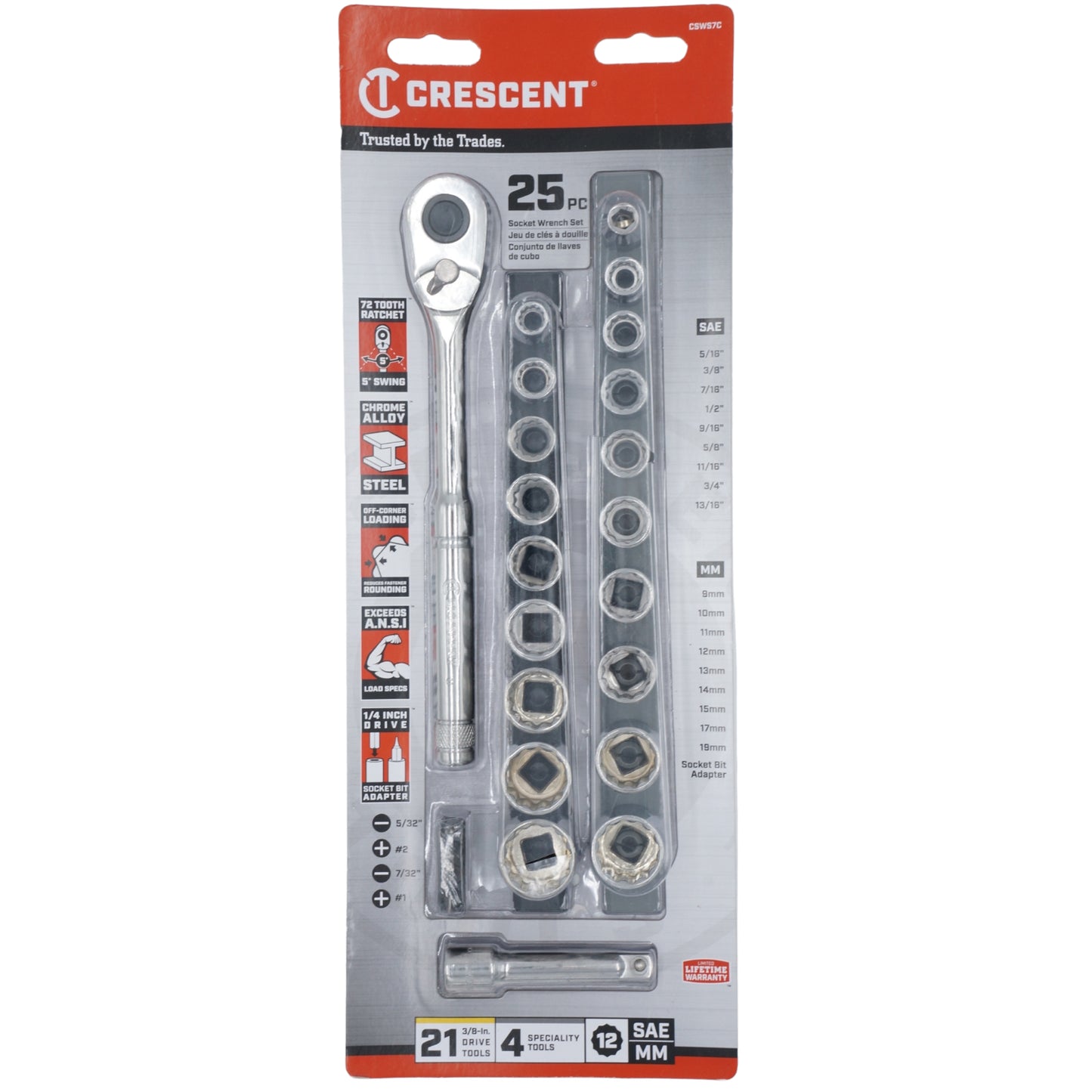 JUEGO DE DADOS CRESCENT 3/8" 25 PIEZAS SAE/MM