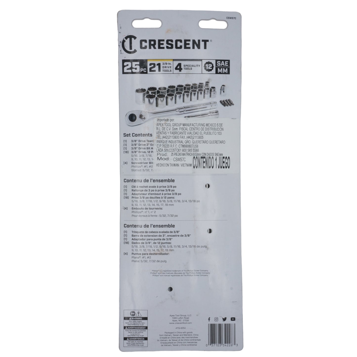 JUEGO DE DADOS CRESCENT 3/8" 25 PIEZAS SAE/MM