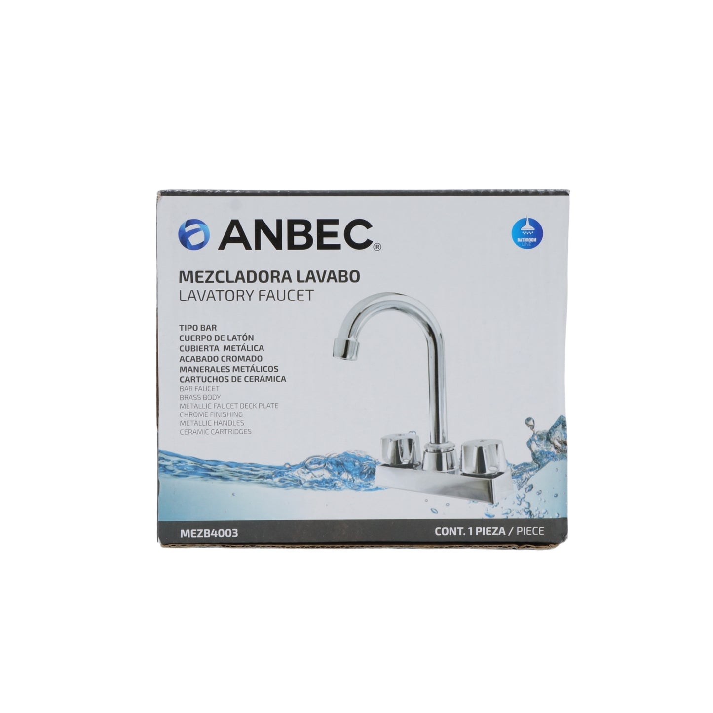 MEZCLADORA TIPO BAR PARA LAVABO CROMADA ANBEC MEZB4003
