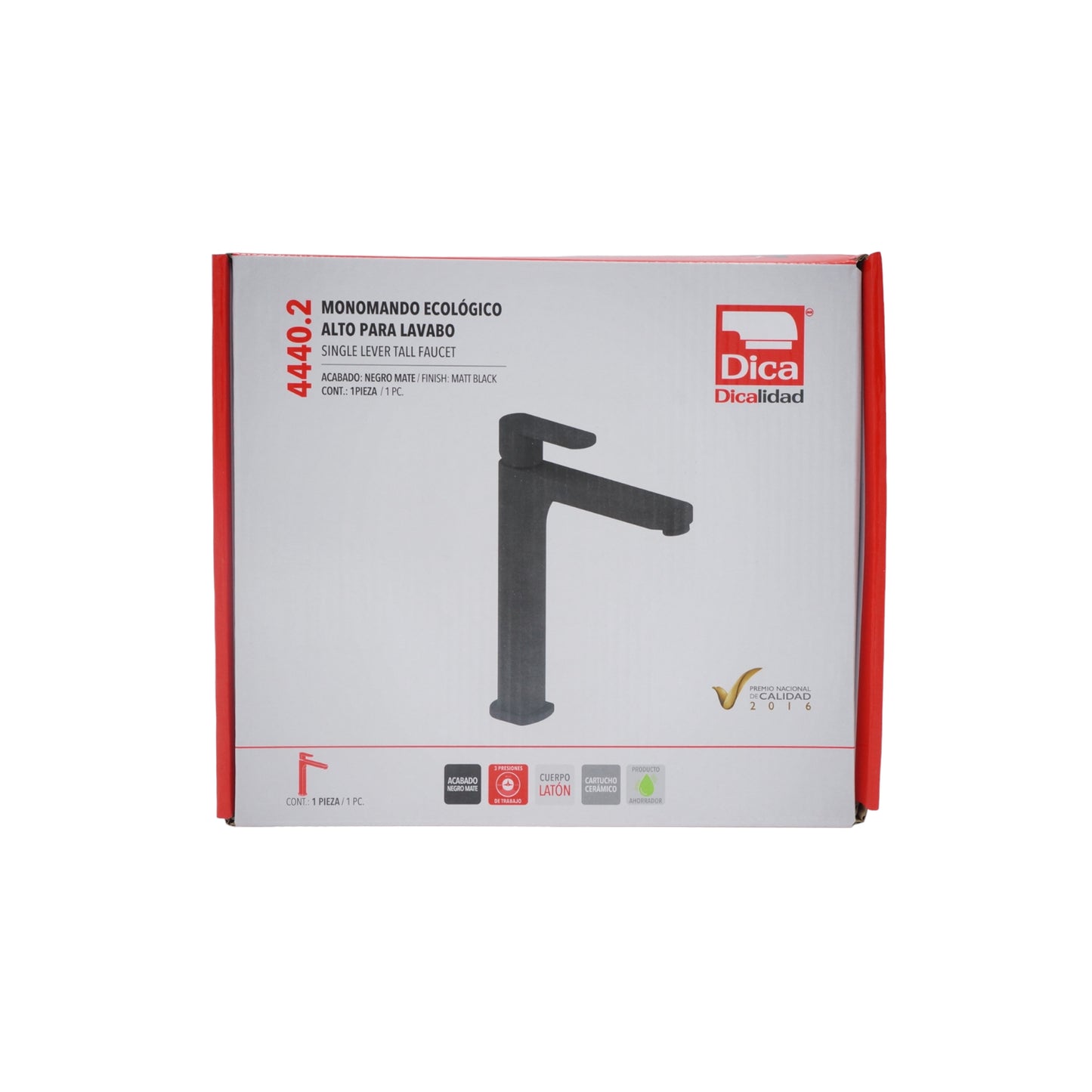 MEZCLADORA MONOMANDO ECOLOGICO ALTO NEGRO MATE PARA LAVABO DICA 4440.2