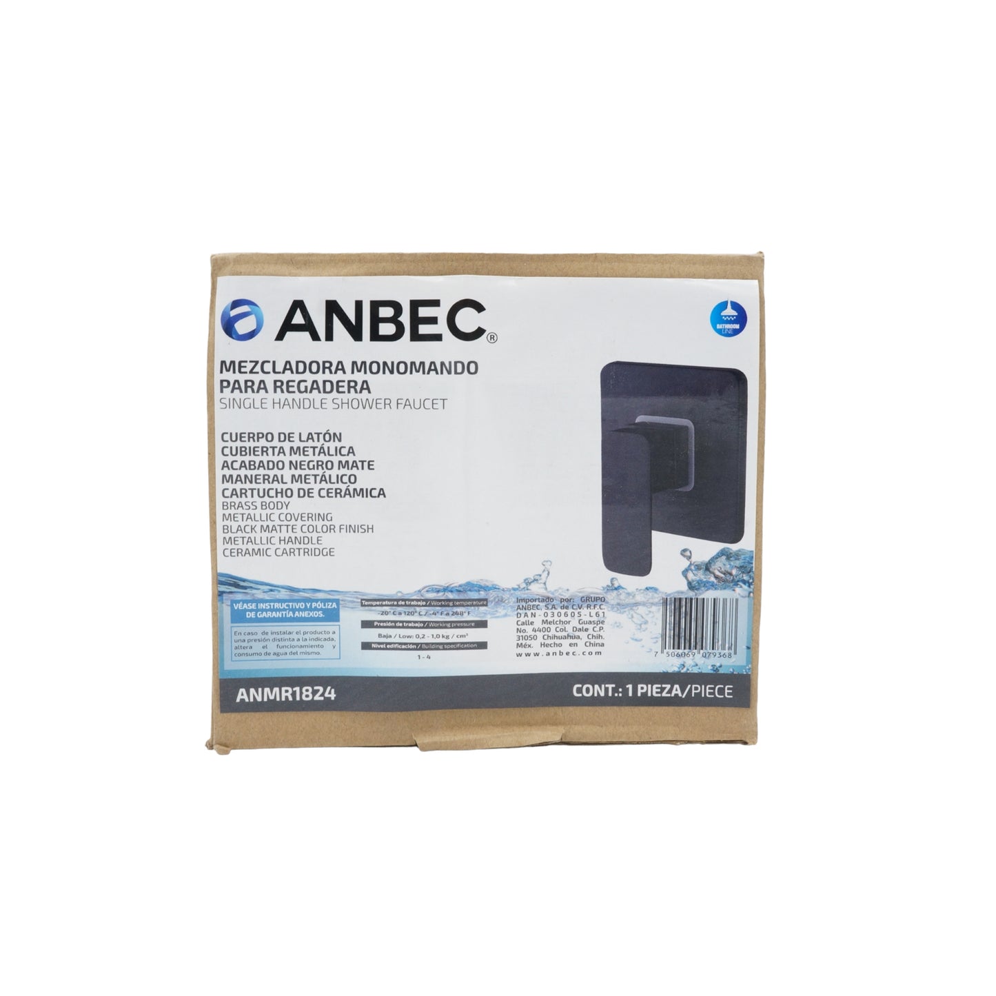 MONOMANDO DE EMPOTRAR PARA REGADERA CUADRADO NEGRO MATE ANBEC ANMR1824