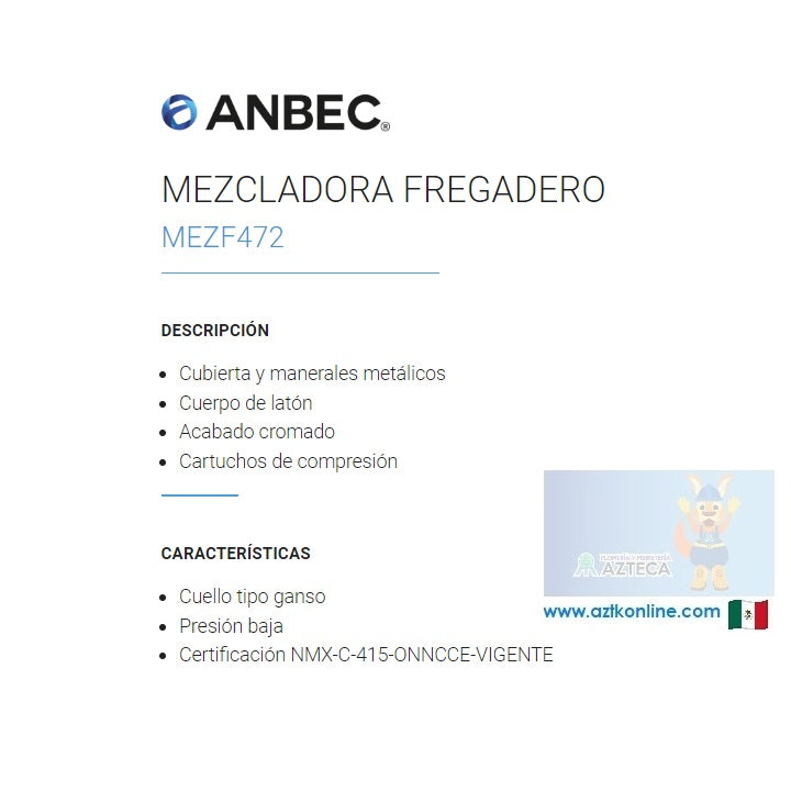 MEZCLADORA PARA FREGADERO CUBIERTA Y MANERALES CROMADA ANBEC MEZF472