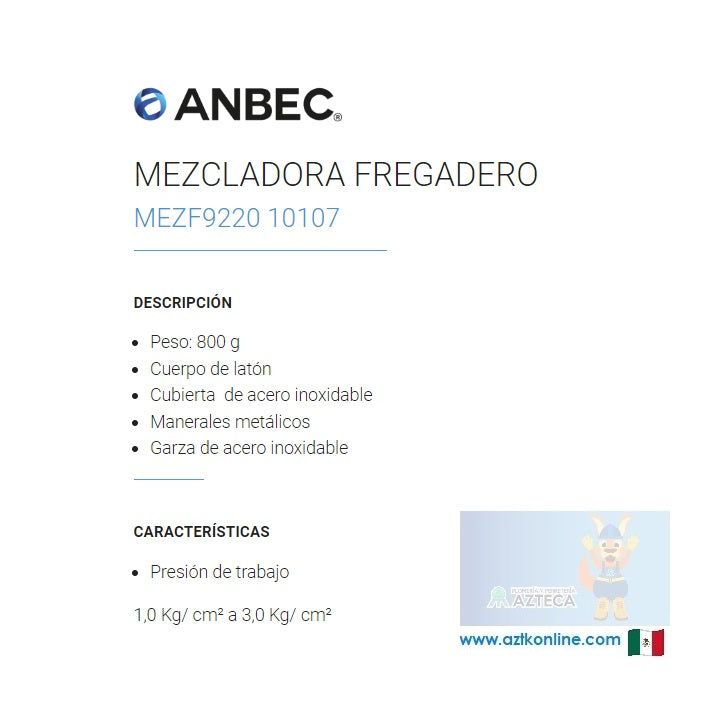 MEZCLADORA FREGADERO CROMADA CUBIERTA Y MANERALES ANBEC MEZF9220