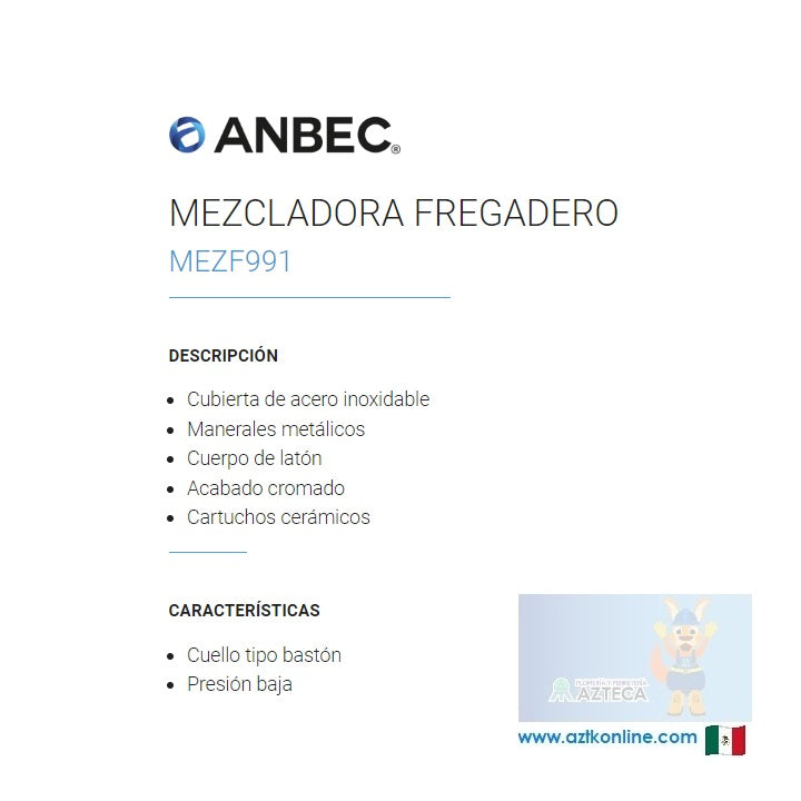 MEZCLADORA 8" PARA FREGADERO CUBIERTA Y MANERALES CROMADA ANBEC MEZF991