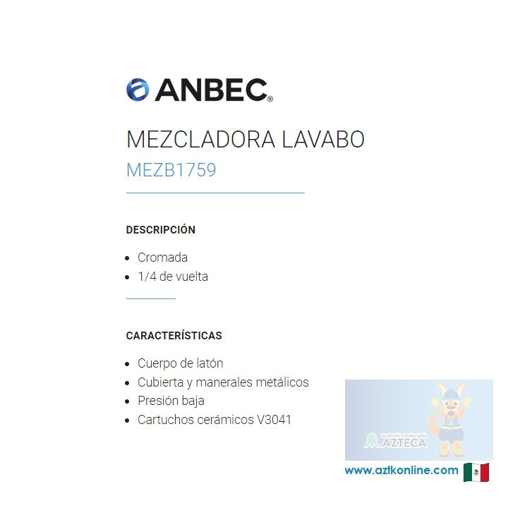 MEZCLADORA TIPO BAR PARA FREGADERO CROMADA CUBIERTA Y MANERALES ANBEC MEZB1759