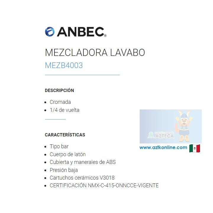 MEZCLADORA TIPO BAR PARA LAVABO CROMADA ANBEC MEZB4003