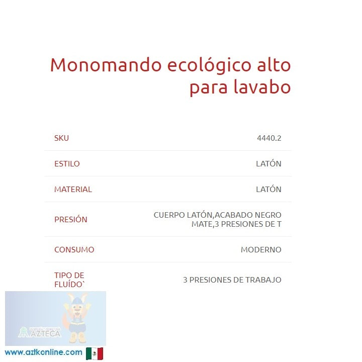 MEZCLADORA MONOMANDO ECOLOGICO ALTO NEGRO MATE PARA LAVABO DICA 4440.2
