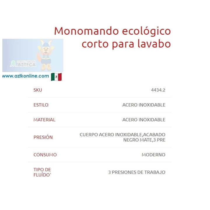 MEZCLADORA MONOMANDO ECOLOGICO CORTO PARA LAVABO NEGRO MATE DICA 4434.2