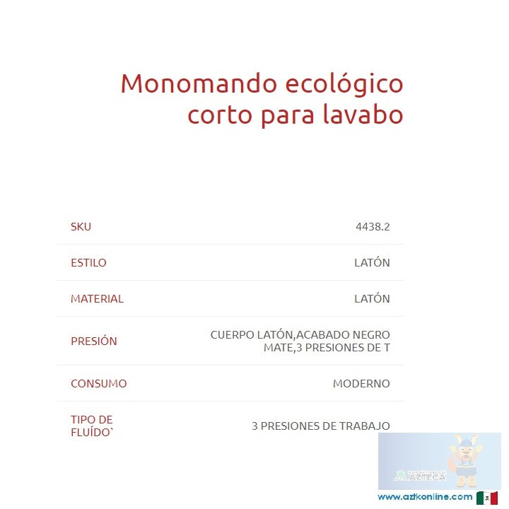MEZCLADORA MONOMANDO ECOLÓGICO CORTO PARA LAVABO NEGRO MATE DICA 4438.2
