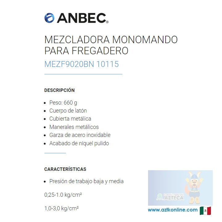 MEZCLADORA MONOMANDO PARA FREGADOR BAJO ANBEC MEZF9020BN