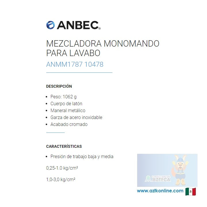 MEZCLADORA MONOMANDO PARA LAVABO CROMADA ANBEC ANMM1787