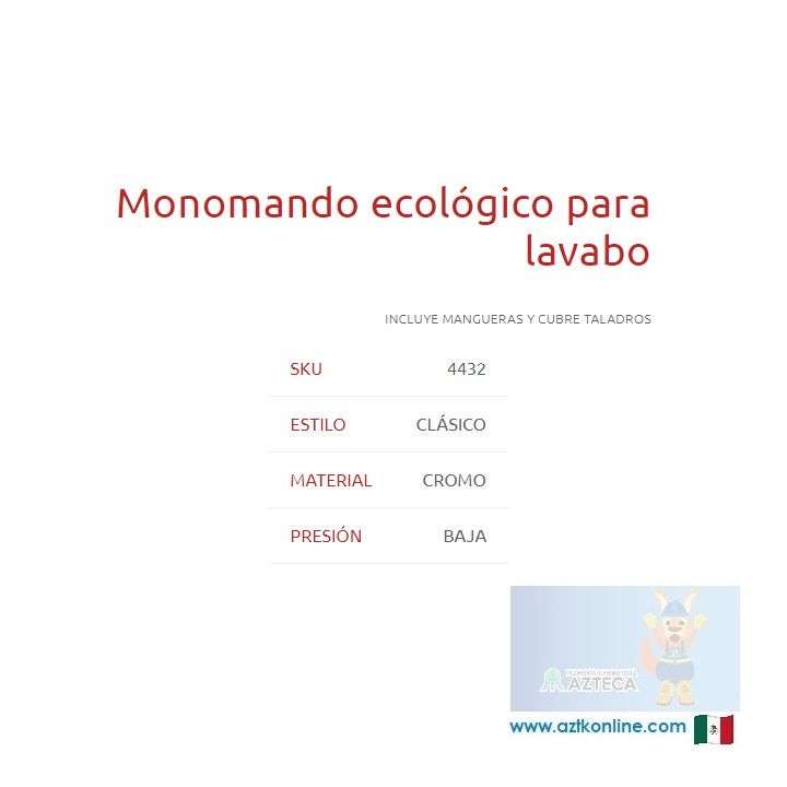 MEZCLADORA MONOMANDO ECOLÓGICO PARA LAVABO DICA 4432