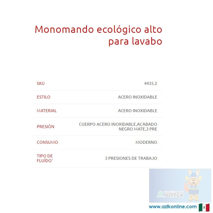 MEZCLADORA MONOMANDO ALTO PARA LAVABO NEGRO MATE DICA 4435.2