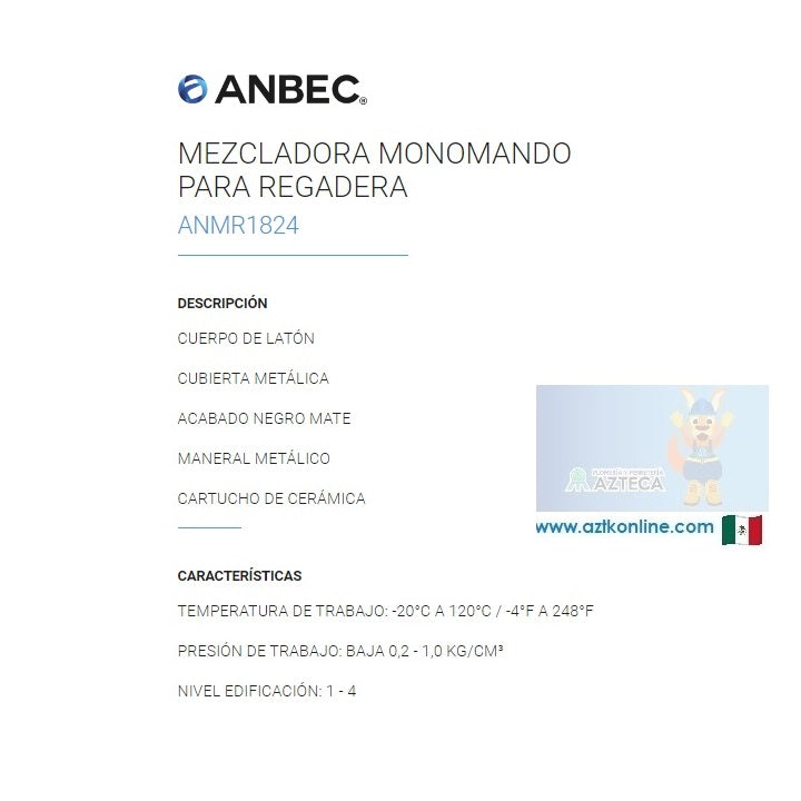 MONOMANDO DE EMPOTRAR PARA REGADERA CUADRADO NEGRO MATE ANBEC ANMR1824