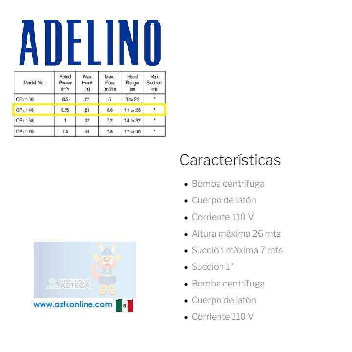 BOMBA CENTRIFUGA ADELINO 3/4HP 127V