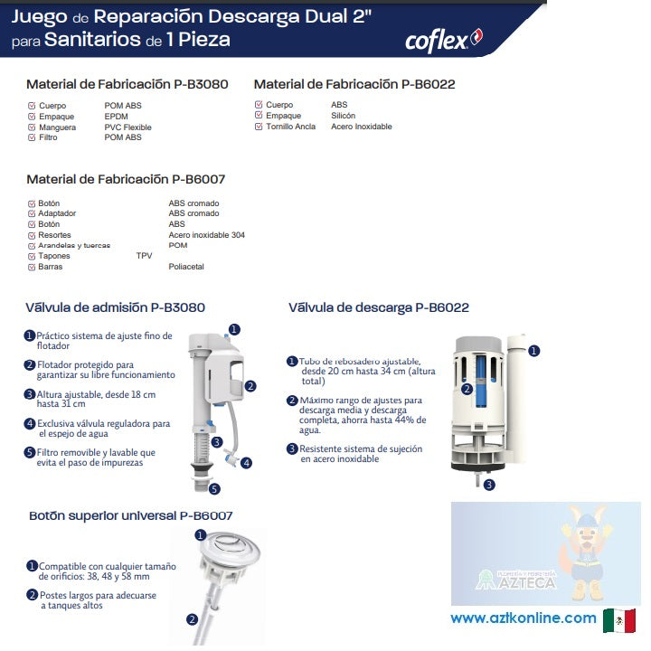 JUEGO DE REPARACION DESGAGA DUAL 2" PS-A015 COFLEX PARA SANITARIOS DE 1 PIEZA