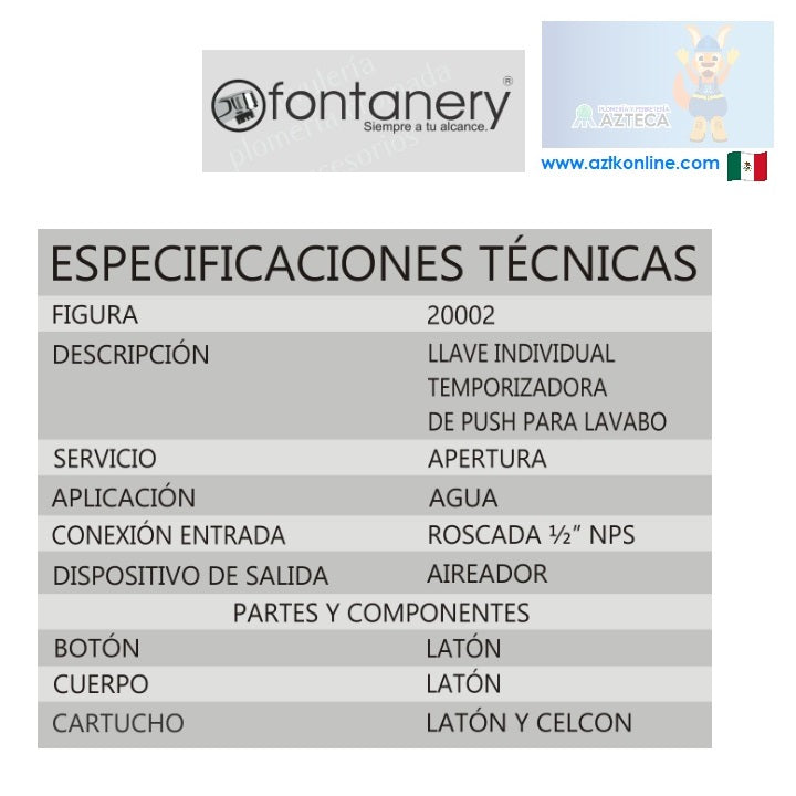 LLAVE INDIVIDUAL TEMPORIZADORA PARA LAVABO FONTANERY F20002