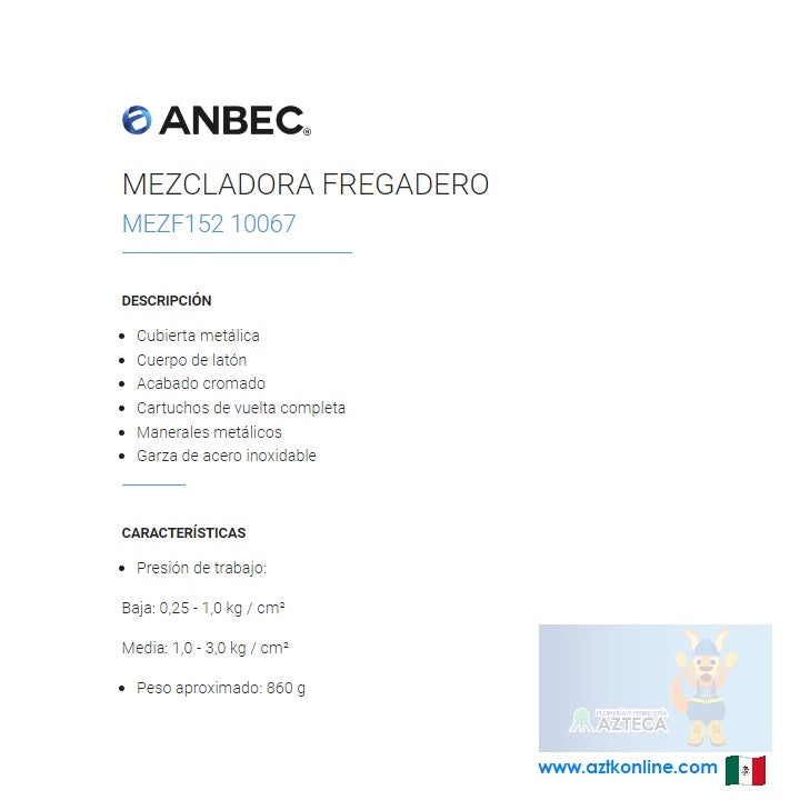 MEZCLADORA ARA FREGADERO CROMADA CUBIERTA Y MANERALES METALICOS ANBEC MEZF152