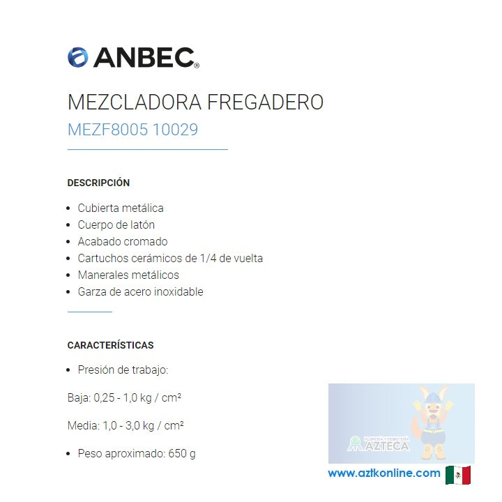 MEZCLADORA PARA FREGADOR CROMADA CUBIERTA MANERALES METALICOS ANBEC MEZF8005