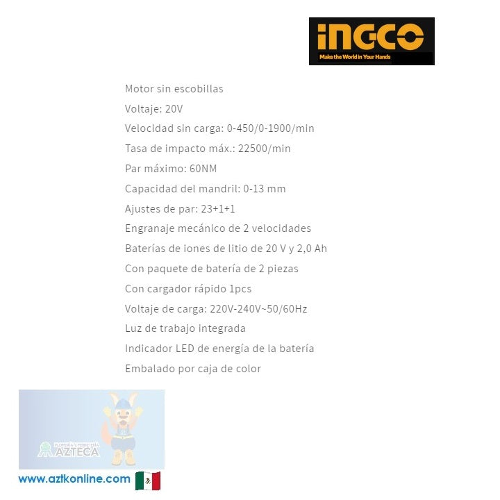 TALADRO INALAMBRICO BRUSHLESS INGCO UCIDLI20608