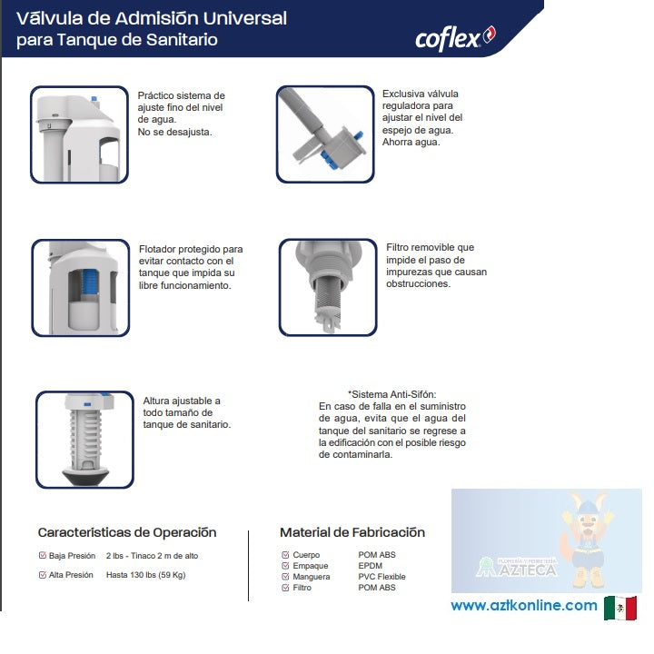 VALVULA DE ADMISION UNIVERSAL PARA TANQUE DE SANITARIO COFLEX P-B3080