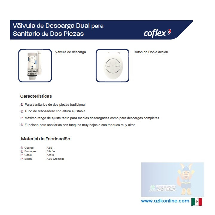 VALVULA DE DESCARGA DUAL PARA SANITARIO DE DOS PIEZAS CON DESCARGA DE 2" (50MM) COFLEX P-B6023
