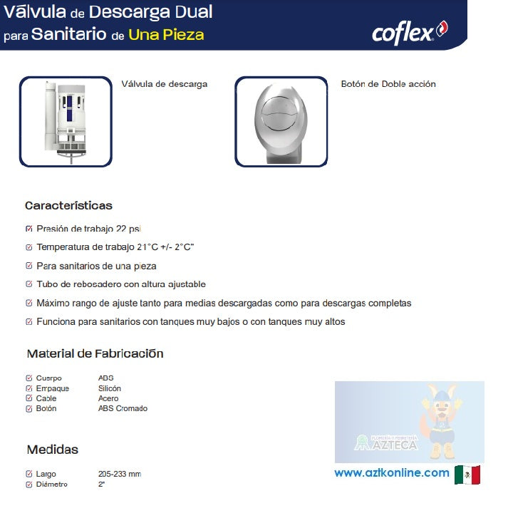 VALVULA DE DESCARGA DUAL PARA SANITARIO DE UNA PIEZA CON DESCARGA DE 2" (50MM) COFLEX P-B6034