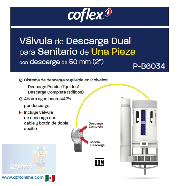 VALVULA DE DESCARGA DUAL PARA SANITARIO DE UNA PIEZA CON DESCARGA DE 2" (50MM) COFLEX P-B6034